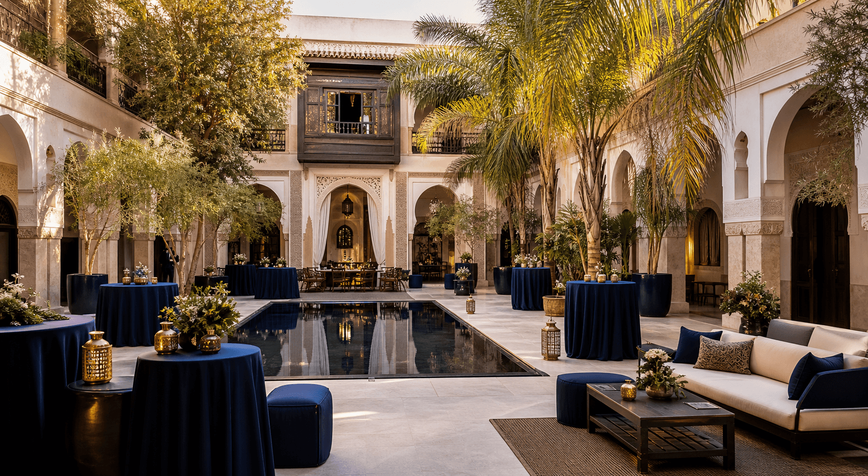 Elegant Morocco riad courtyard prepared for a premium corporate group event